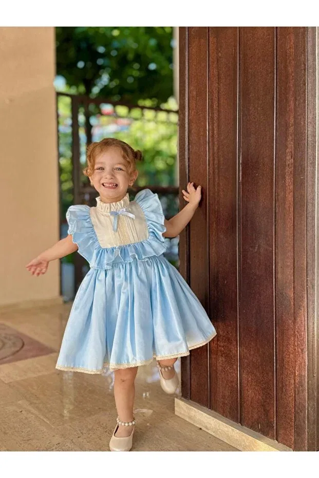 Детское платье для девочек с принтом Defne blue bow vintage baby girl dress Hly Karol Tasarım, Blue