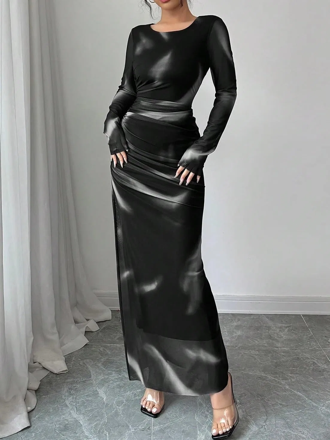 Женское облегающее платье макси с длинным рукавом Mesh, Black — фото 4