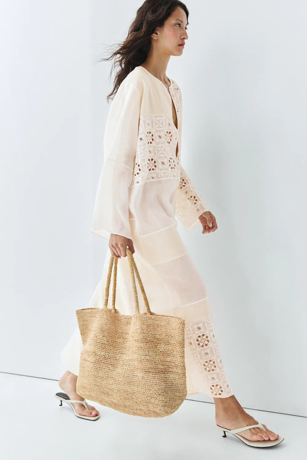 Платье-кафтан Massimo Dutti, вышитое струящееся платье, белый — фото 3