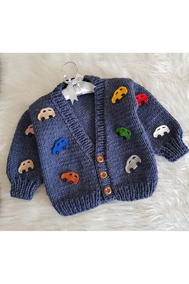 Детский кардиган с принтом Hand knitted car-themed baby kids cardigan El Örgüsü, Navy Blue