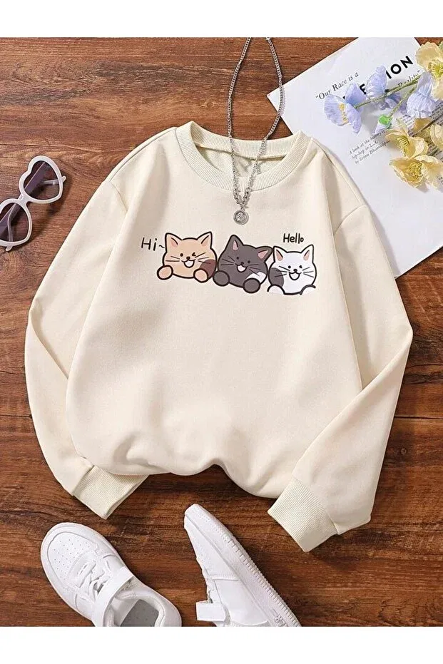 Детские свитшот для мальчиков с принтом Unisex kids hello 3 cats printed oversize sweatshirt hoodie Novibe, Bej1