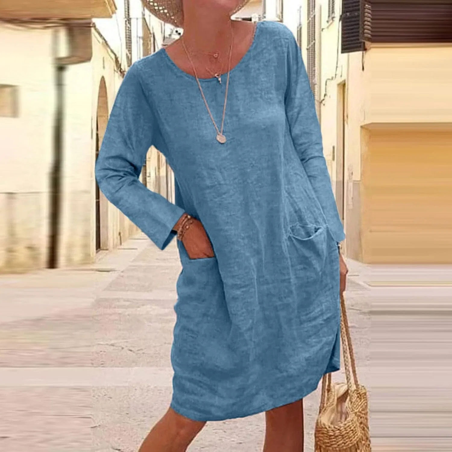 Женская свободная туника с карманами Cotton Linen, Blue — фото 2
