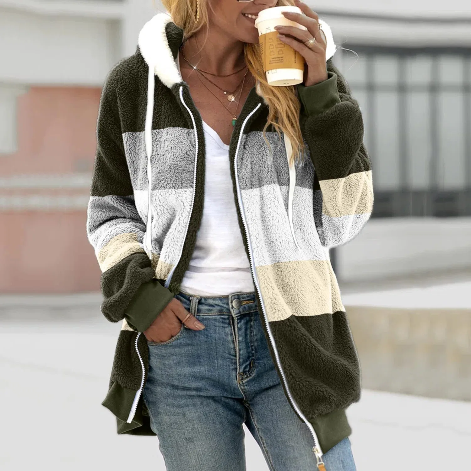 Женское флисовое пальто с капюшоном Fleece Jackets Women Full Zip Pockets, Verde Militare — фото 2