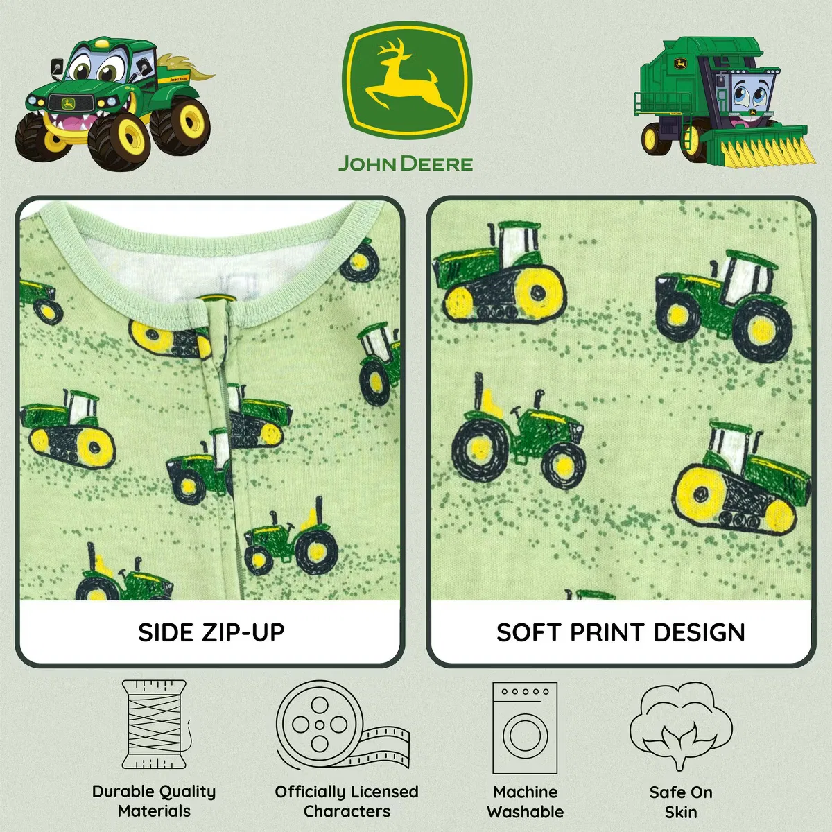 Комбинезон для сна на молнии с принтом John Deere, light green track — фото 4
