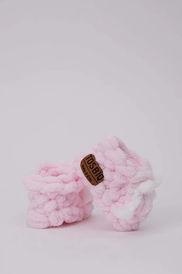 Детские вязаные пинетки для новорожденных девочек с бантиком Bugula, Pink - White — фото 3