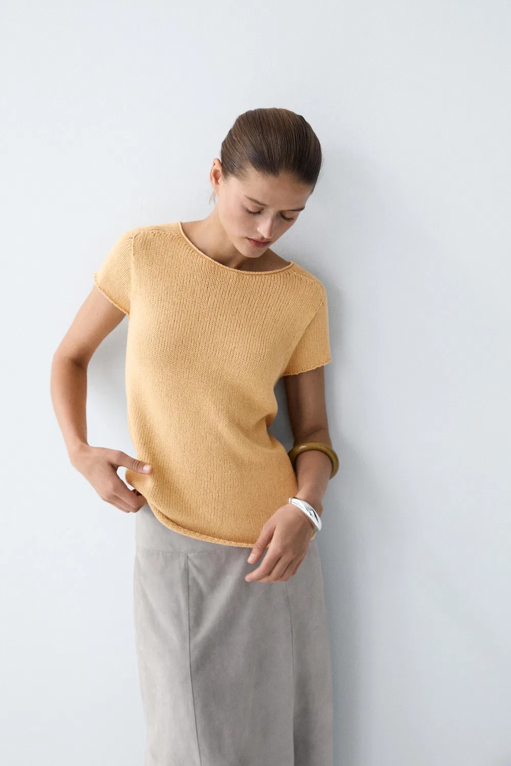 Свитер Massimo Dutti Cotton Blend Short Sleeve Knit, желтый