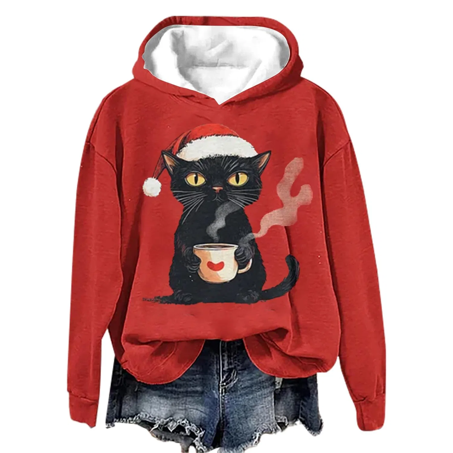 Женский свитшот с принтом Christmas Tree Funny Cat Say What Woman Pullover, Z21 Red — фото 3