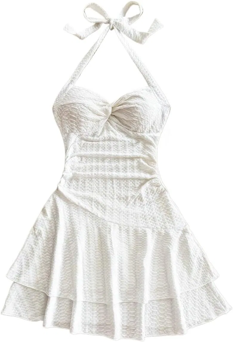Женское летнее ками-платье с завязками на шее Twisted Waist, White