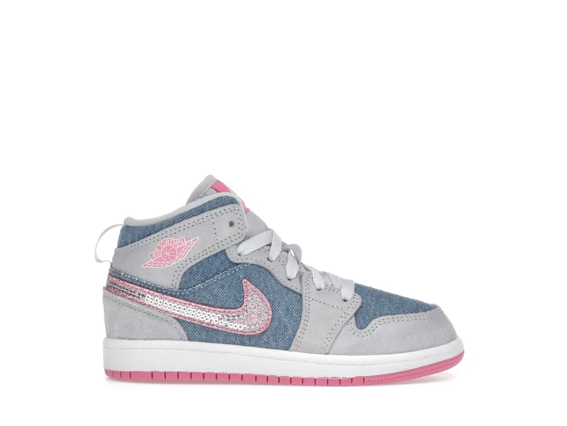 Детские кроссовки Lifestyle Jordan 1 Mid SE Denim Sequin Jordan, Cobalt Bliss/White/Pink Glow