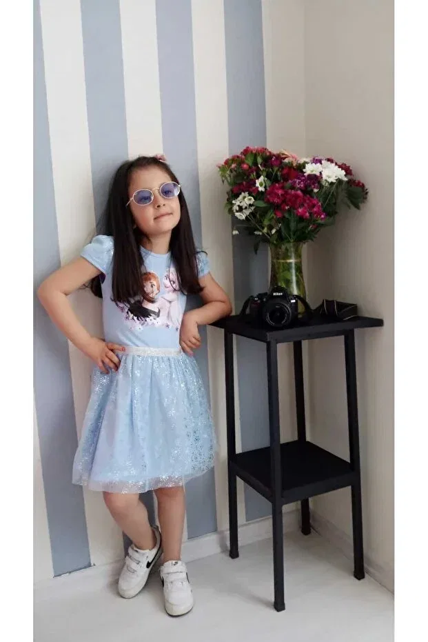 Детское платье для девочек с принтом Frozen Elsa Short Sleeve Dress Oliveyoumom, Blue — фото 2