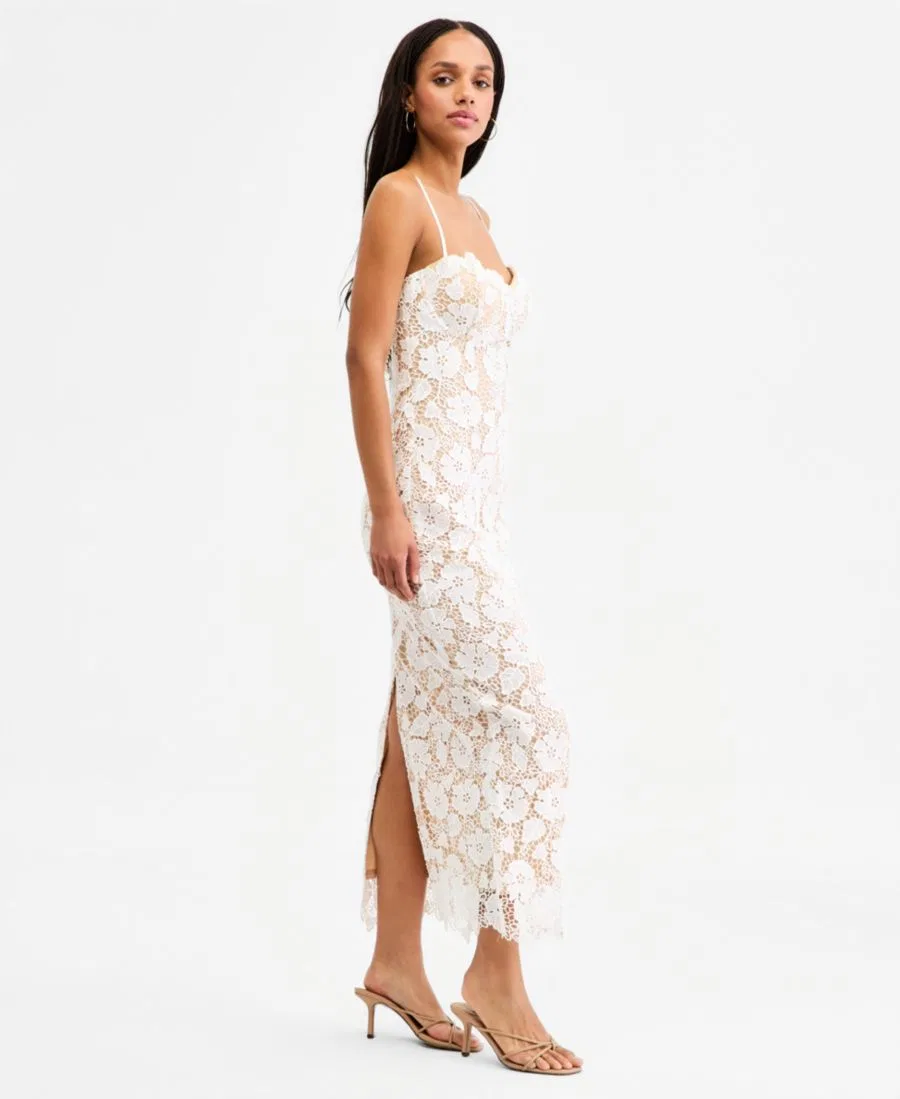 Платье-миди без рукавов с кружевом и шнуровкой на спине, модель Lace Sweetheart-Neck Lace-Up-Back Midi Dress Jump, White Nude — фото 2