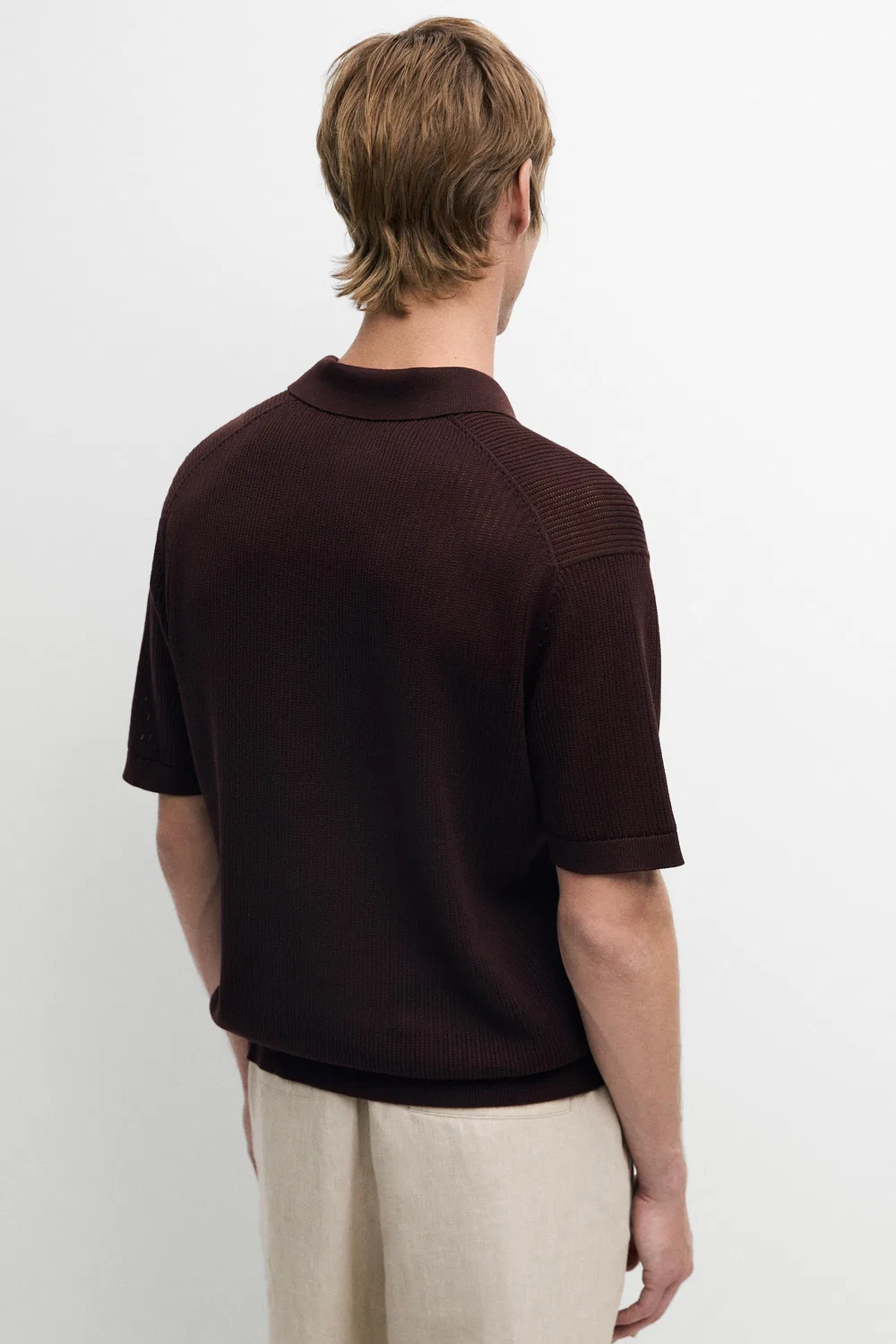 Поло Massimo Dutti Cotton-Blend V-Neck Knit, бордовый — фото 3