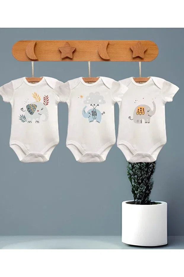 Детское боди для новорожденных с принтом 3-штучный набор Elephant Model Bebe Wini, Ecru