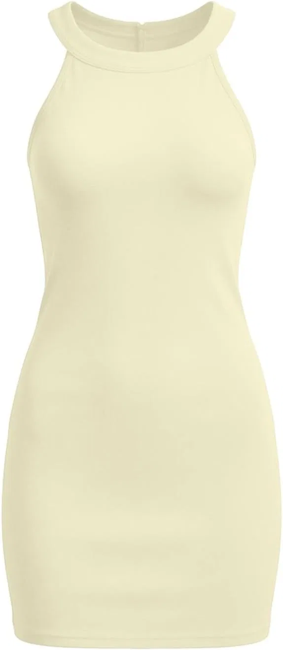 Женское мини-платье с круглым вырезом без рукавов Slim Fit, Beige — фото 4