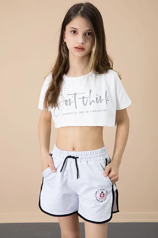 Детские шорты для девочек с принтом Gray Side Slit Flower Cansın Mini, Gray — фото 2