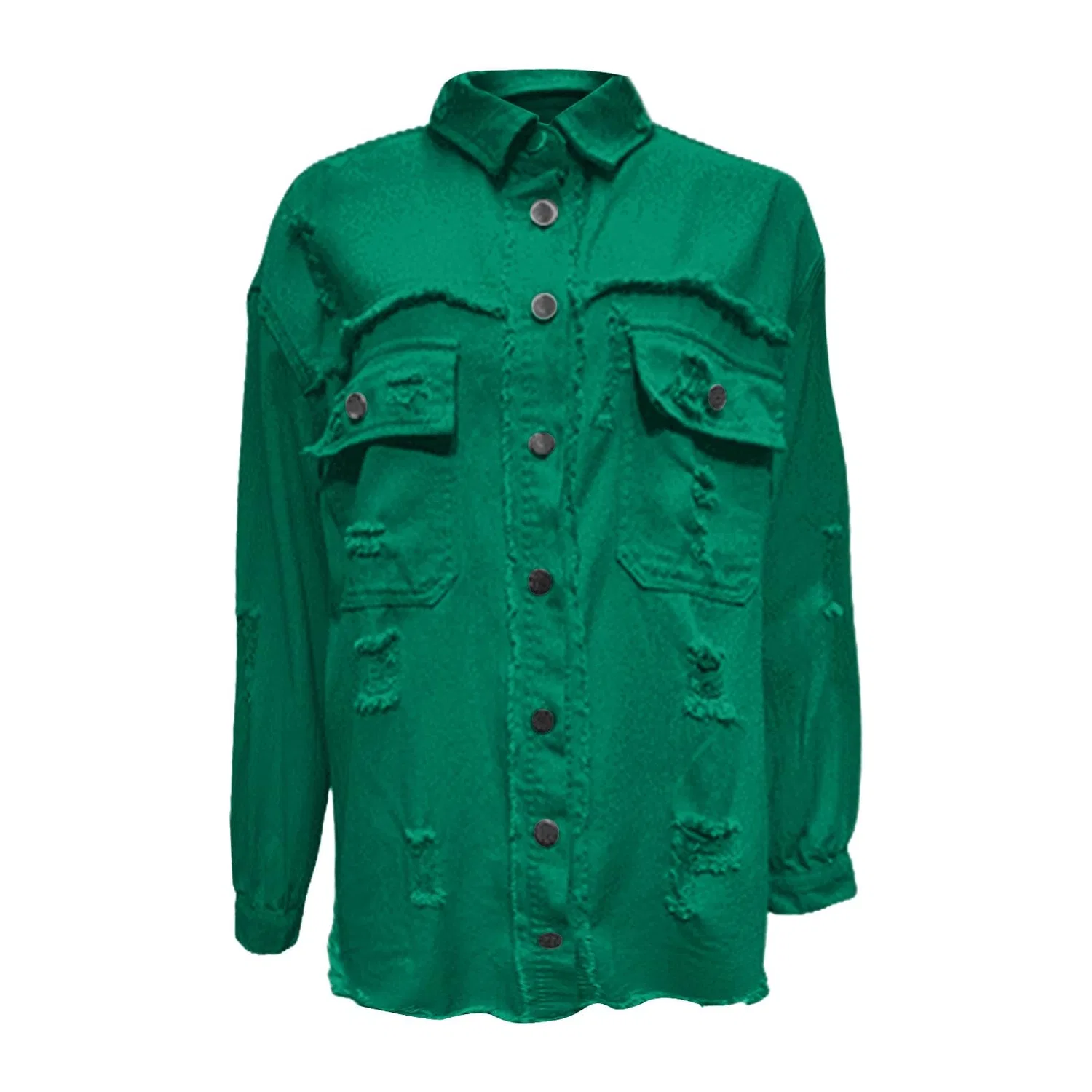 Женская джинсовая куртка с принтом, модель Giacche di jeans da donna alla moda colletto con risvolto button down cappotti in denim invecchiato strappato cowboy abito western manica lunga camicia chambray giacche leggere orlo sfrangiato Jean, Ver... — фото 3