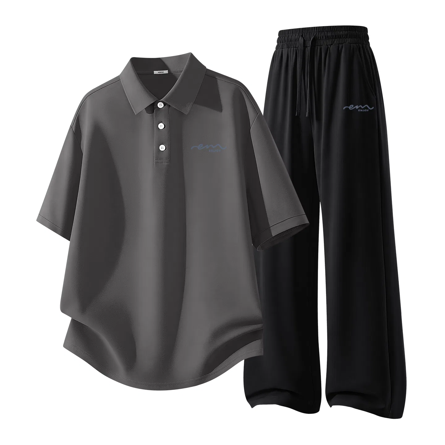 Детский комплект спортивной одежды с принтом MINISO, Dark Gray (Ink Blue Flowing Chest Logo) + Black (Ink Blue Flowing Pants Logo)