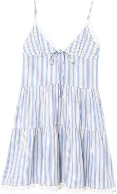 Женское мини-платье с V-образным вырезом и кружевной отделкой, Polyester, Striped