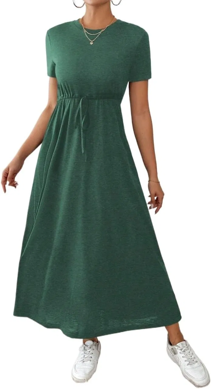 Женское повседневное платье миди с завязкой на талии, Dark Green — фото 4