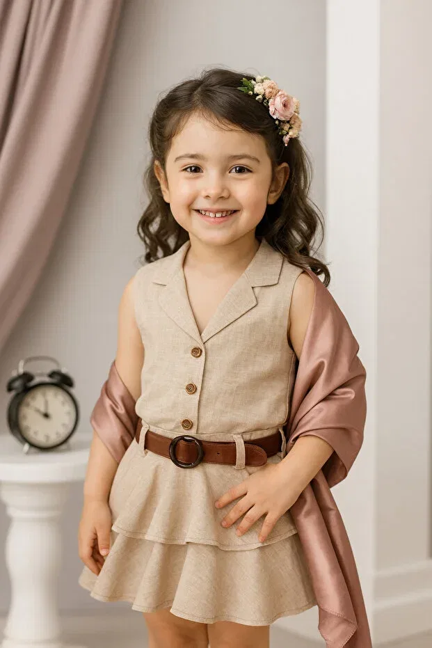 Детский комплект платьев для девочек льняной жилет и юбка Tinytrends, Nude Color