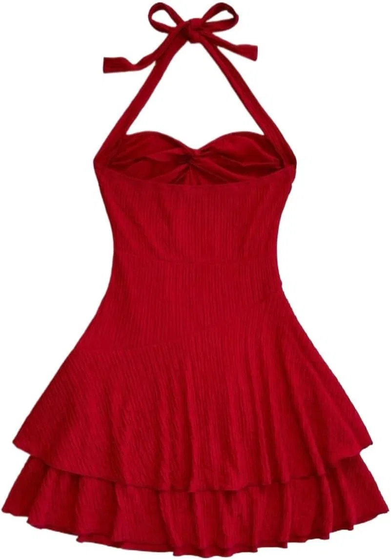 Женское мини-платье с открытой спиной и асимметричной горловиной, Red — фото 3