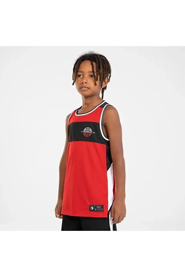 Детский баскетбольный топ для девочек без рукавов Tarmak Decathlon, Black/Red — фото 2