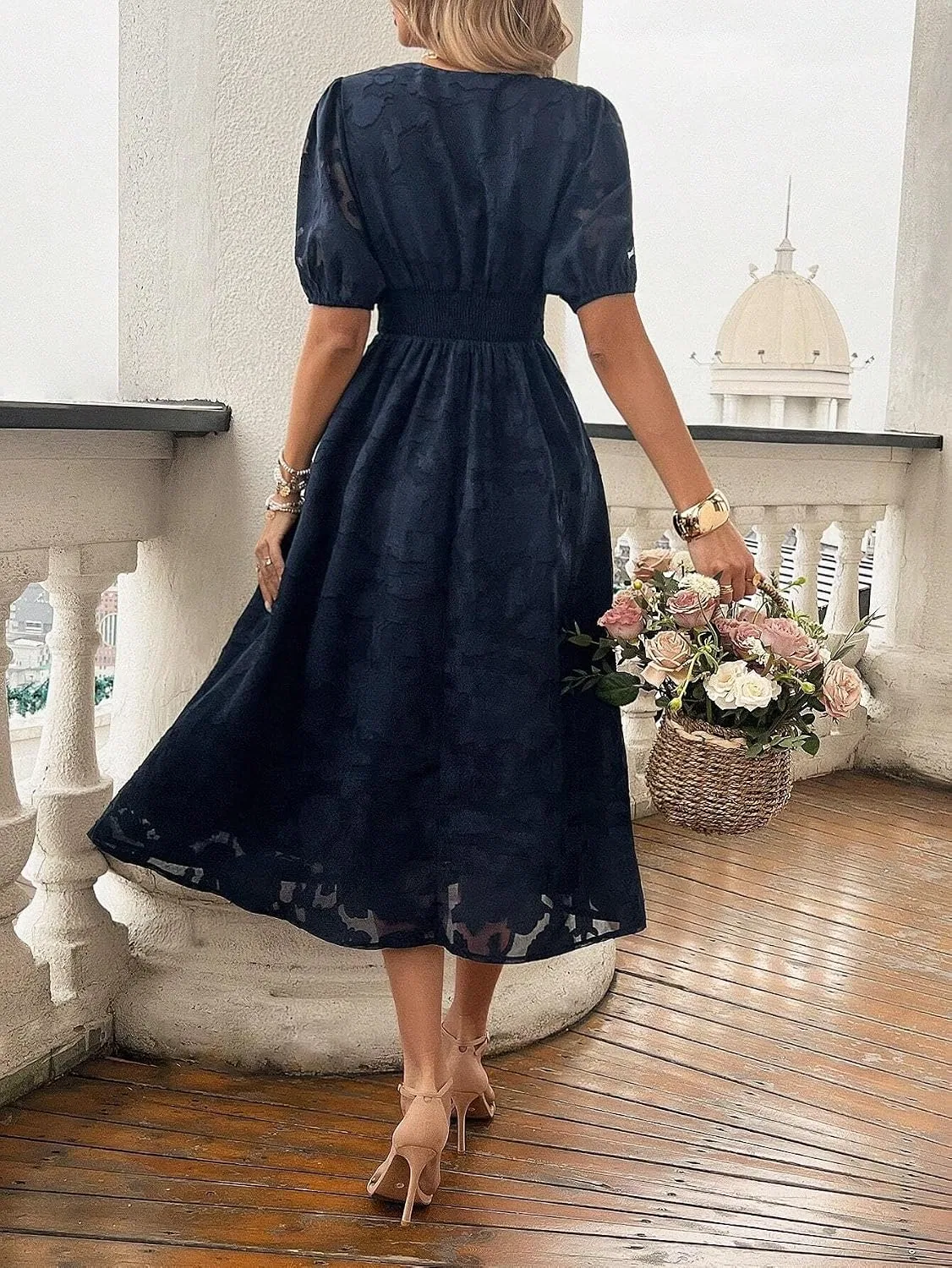 Женское повседневное миди-платье V-образным вырезом, Navy Blue — фото 2