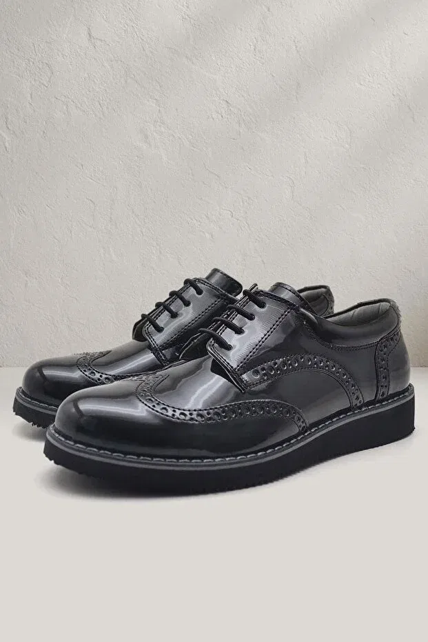 Детские классические туфли для мальчиков с лакированной кожи Hidra black patent leather rubber laced, Rakerplus, Черный