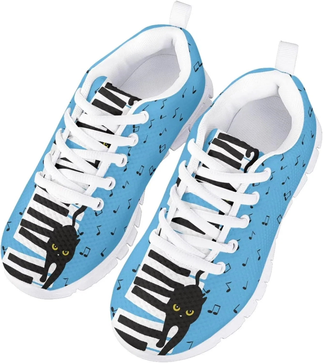 Детские кроссовки для девочек с принтом PinUp Angel Kids Cute Graphic Tennis Shoes Lightweight Lace Up Breathable Running Sneakers for Girl PinUp Angel, Musical Black Cat Blue