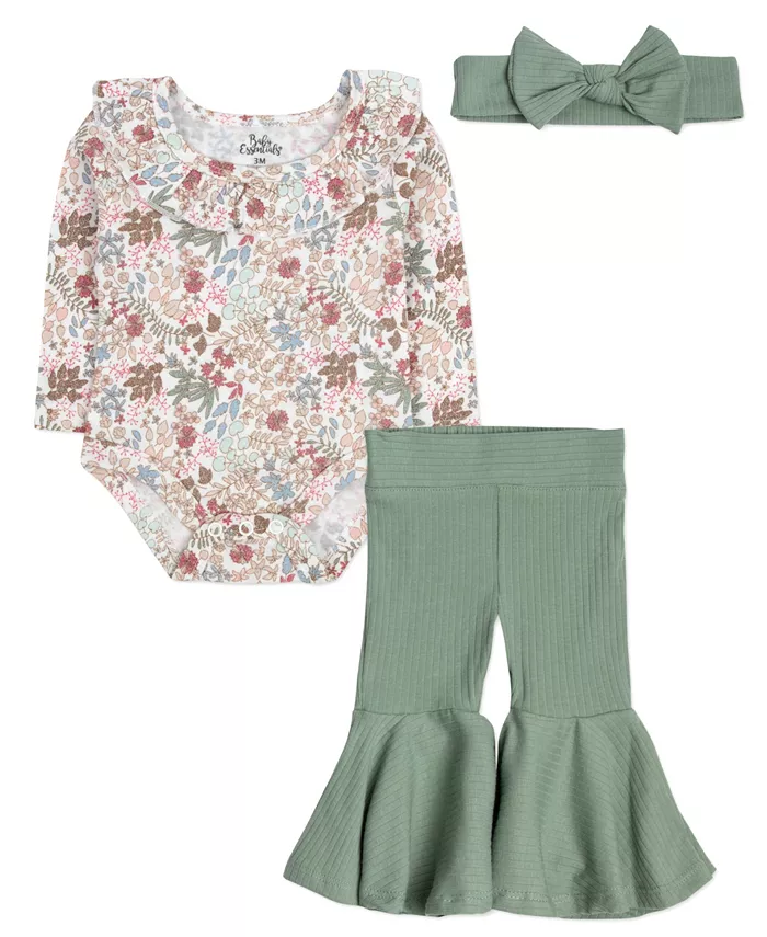 

Комплект для девочки из 3 предметов: боди с цветочным принтом, брюки-клеш и повязка на голову Baby Essentials
