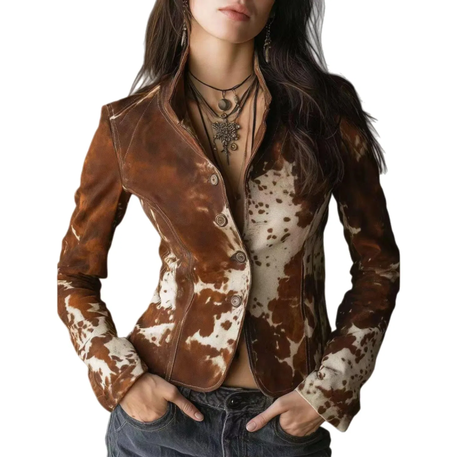 Женский жакет с лацканами, с принтом коровы, Vintage, из замши, со стойкой, Slim Fit, Brown a