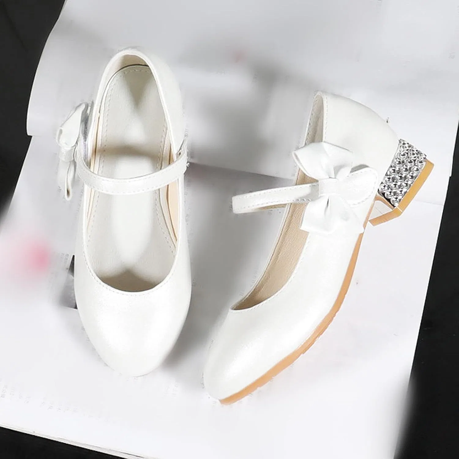 Детские туфли для девочек с бантом Mary Jane Flat Princess Wedding Party Bowknot Child Little/Big Kids School Low Heel Rhinestone Egmy, White — фото 2