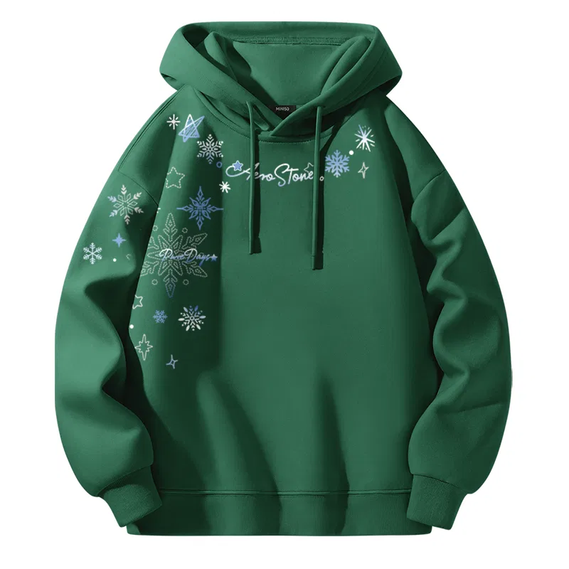Детское худи MINISO, Spring Fall Heavyweight Forest Green Ma Large Blue Ice Flower Front Neck