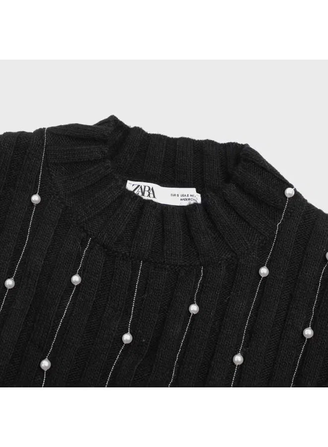 Свитер с полузакрытым воротом и бахромой из жемчуга Zara, черный — фото 4