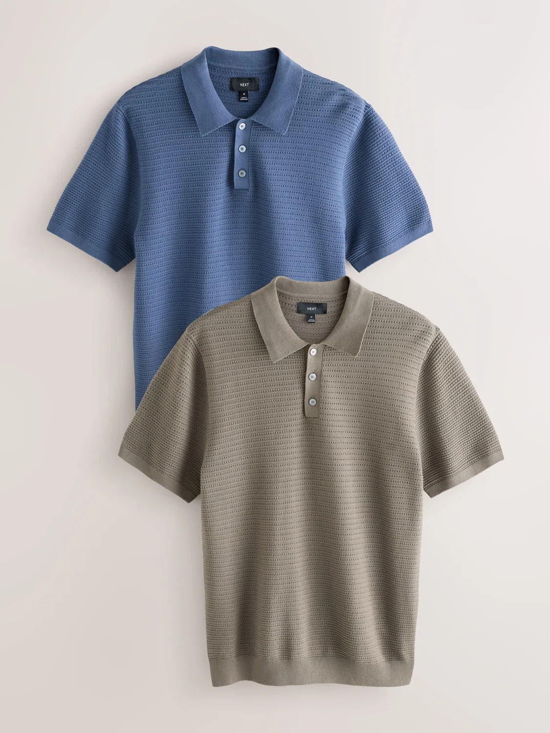 Next Синий/нейтральный воротник - 2 пары текстурированных трикотажных рубашек-поло из 100% хлопка с воротником на пуговицах