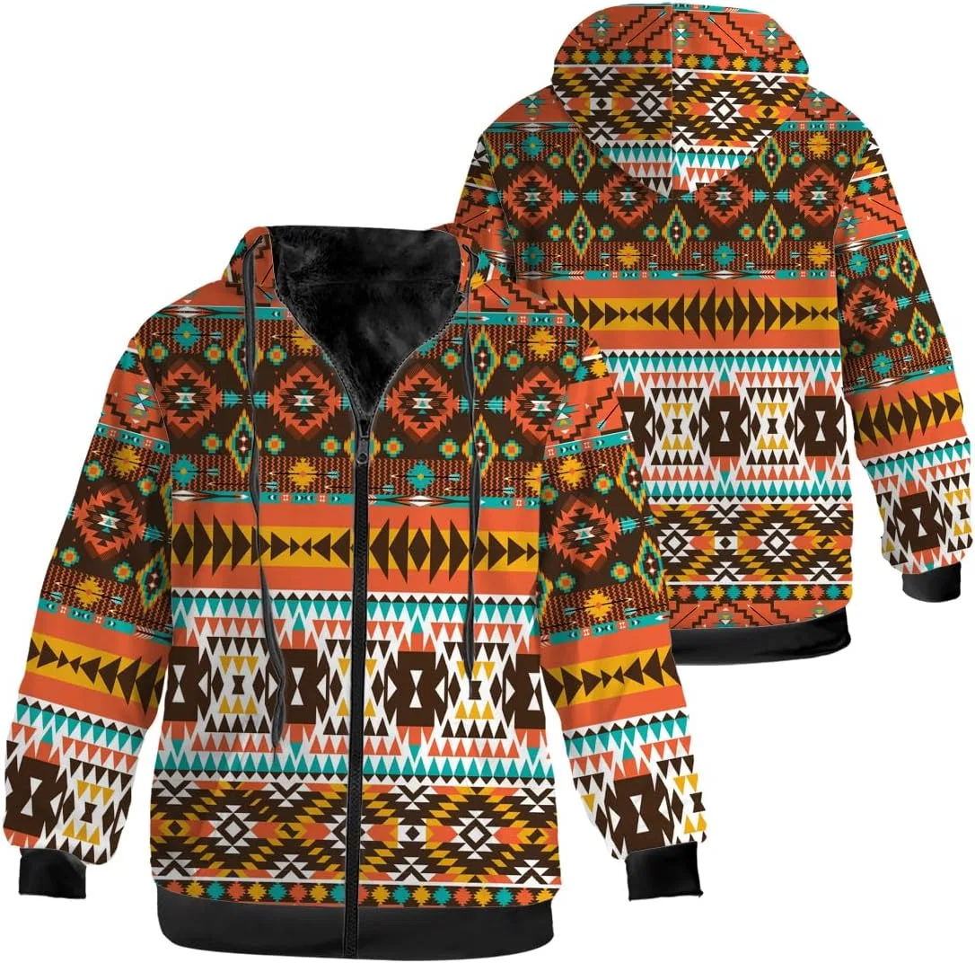 Мужская зимняя куртка с принтом, Black Fleece Lined Zip-up Hoodie Warm Sweatshirt Coat, оранжевый/коричневый — фото 3
