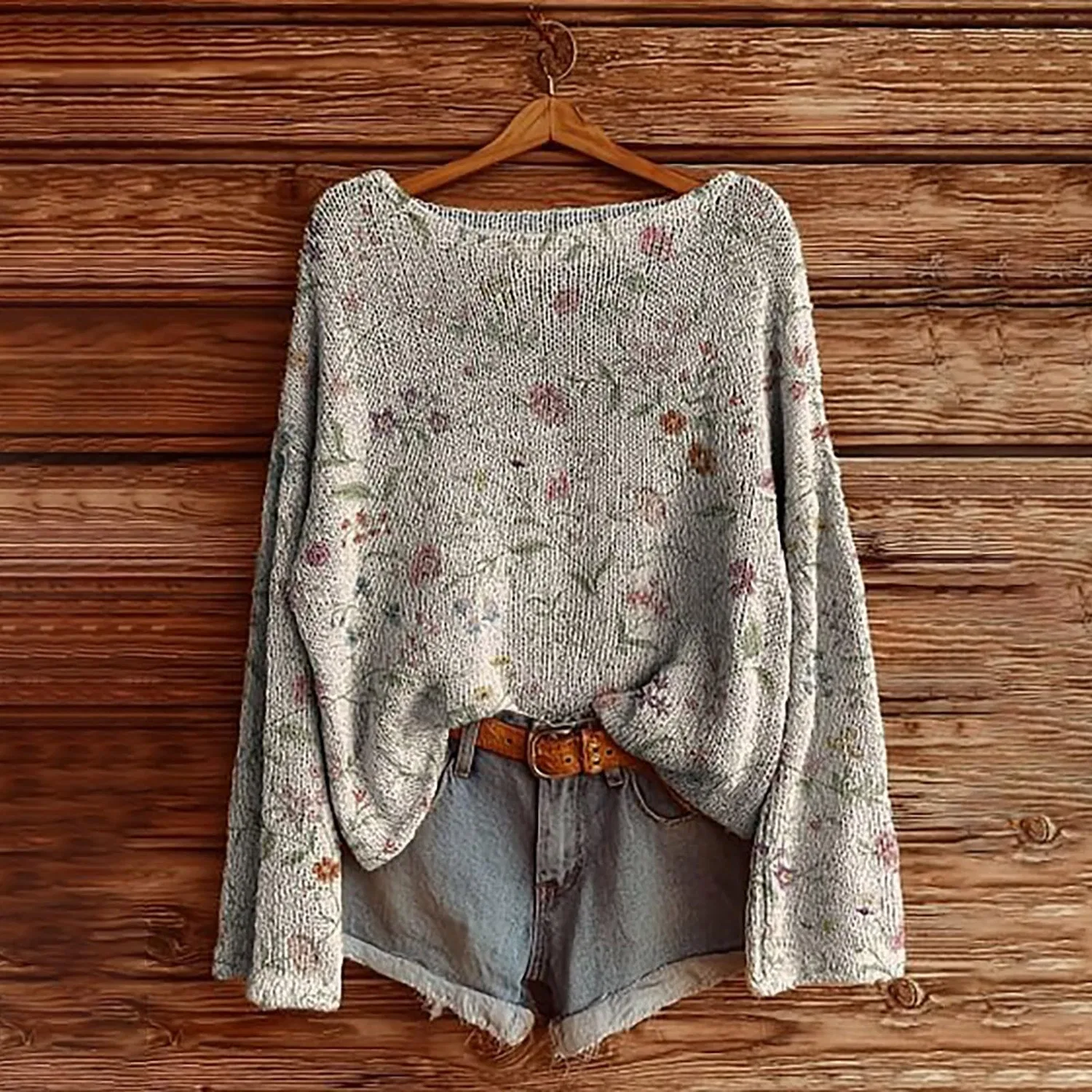 Женский свитер с цветочным принтом Vintage Floral Printed Bohemian Knitted Sweater, 4-grey — фото 2
