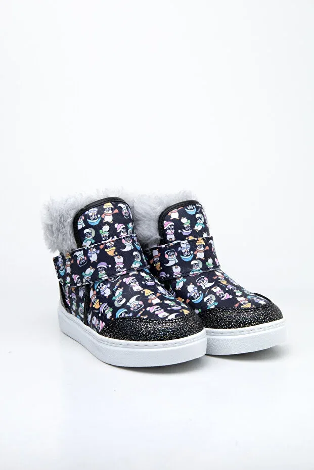 Детские ботинки для девочек с мехом Life girl's fur lined - printed light sole orthopedic boots Pingu, Black Penguin Print — фото 2