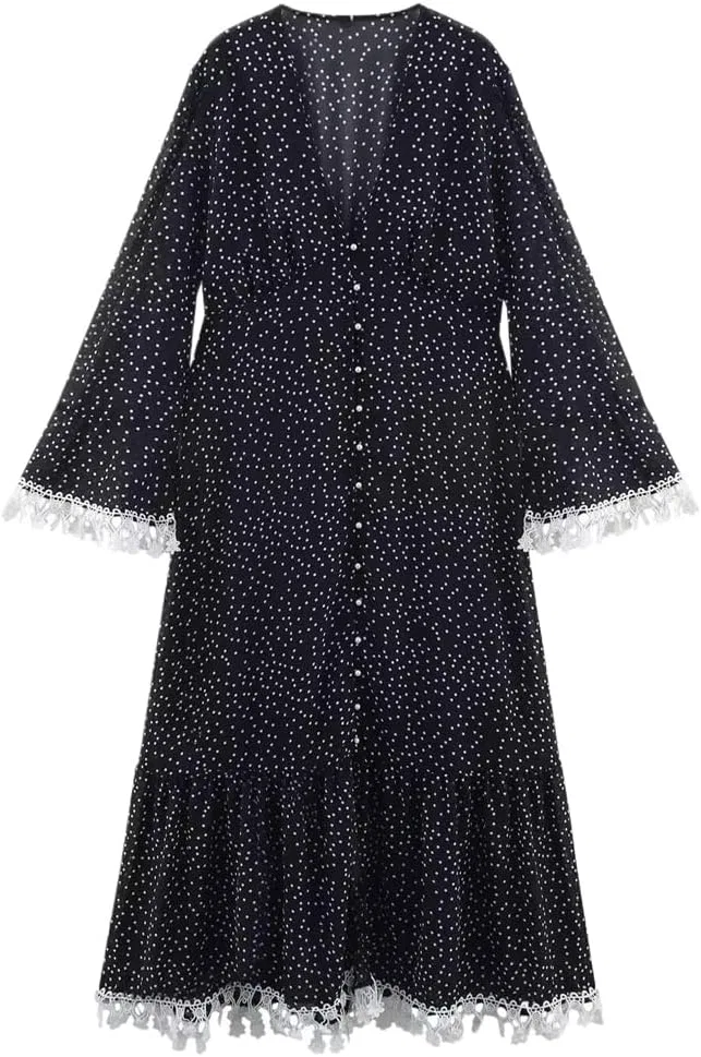 Женское повседневное платье с воротником V-образным Full Sleeve Polka Dot, Black