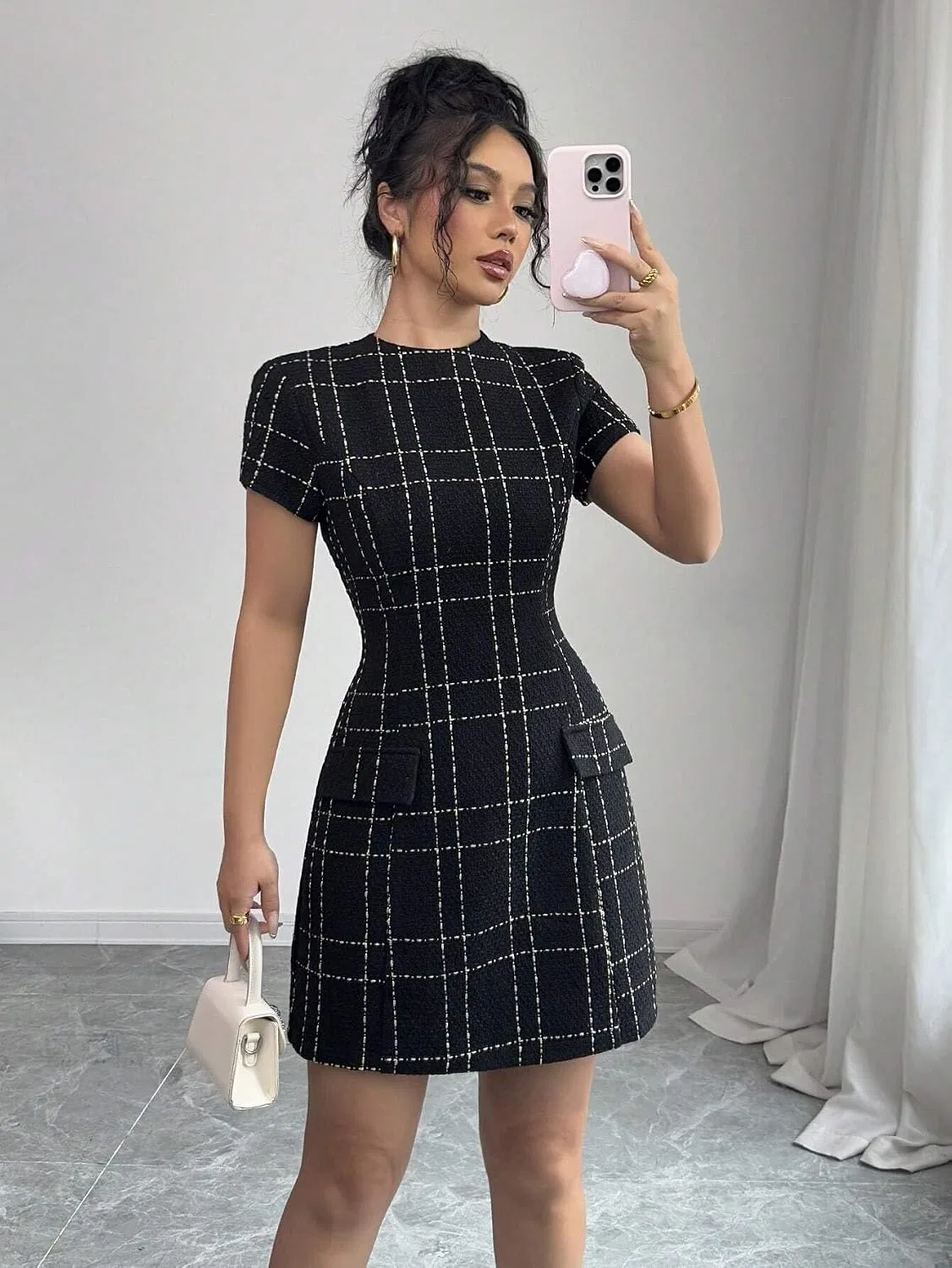 Женское элегантное мини-платье с запахом Plaid, Black — фото 2