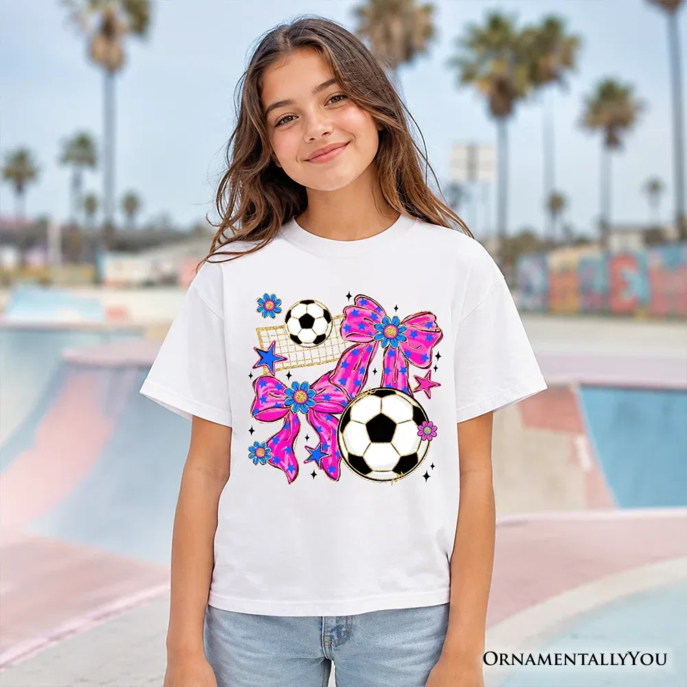 Детская футболка для девочек с принтом футбольного банта Girls Soccer Bow Youth T-Shirt OrnamentallyYou, White — фото 2