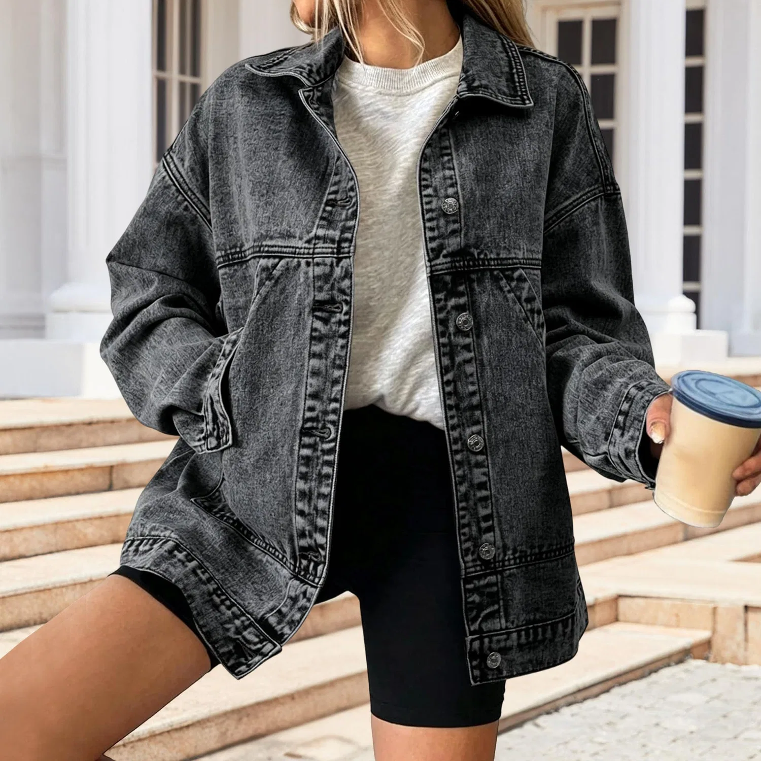 Женская джинсовая куртка oversize с спущенными плечами, Grigio scuro — фото 2