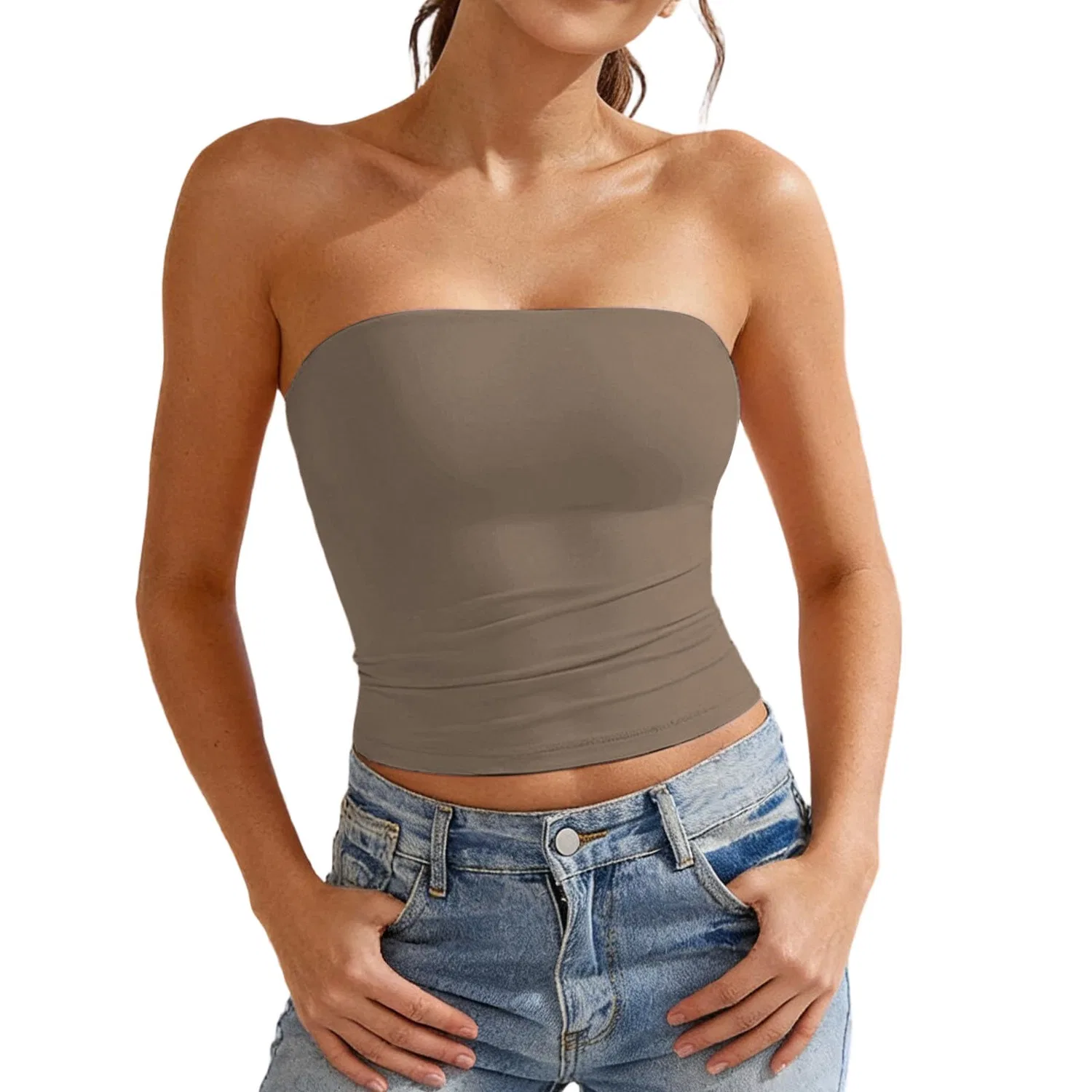 Женский топ без бретелей с принтом, dark khaki