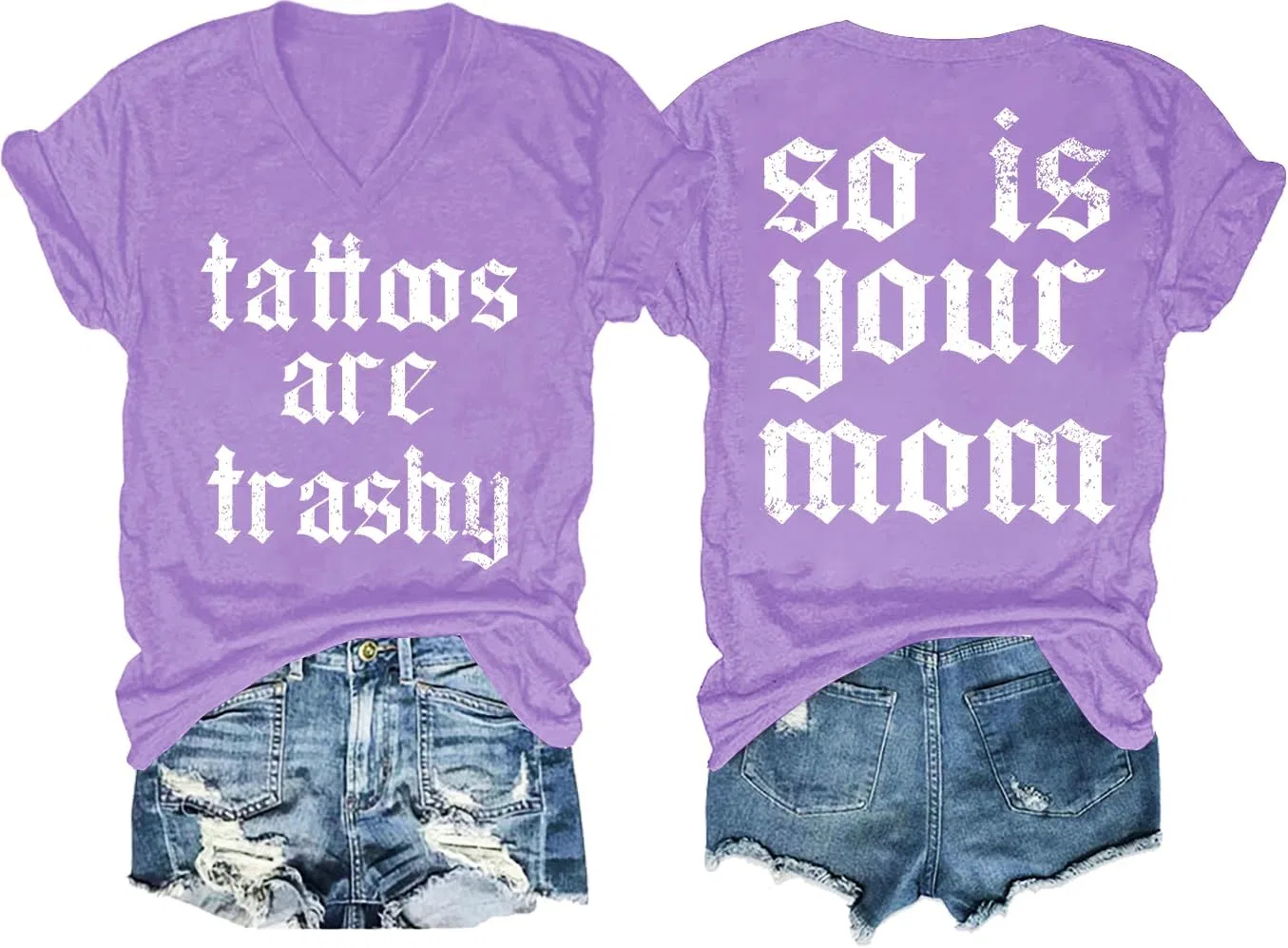 Женская футболка с V-образным вырезом с полосками Tattoos are Trashy So is Your Mom, Light Purple1