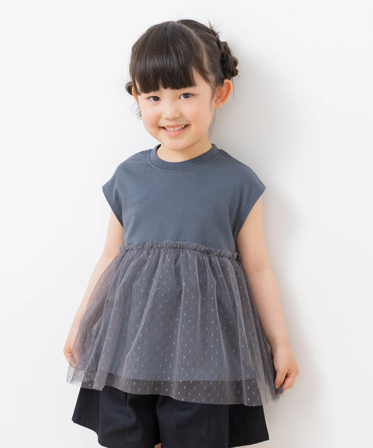 Детская туника с принтом в горошек и тюлем, модель Layered Tunic, chil2, Charcoal Grey