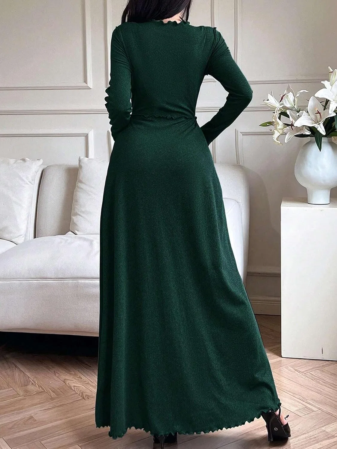 Женское длинное платье А-силуэта с длинным рукавом, Dark Green — фото 2