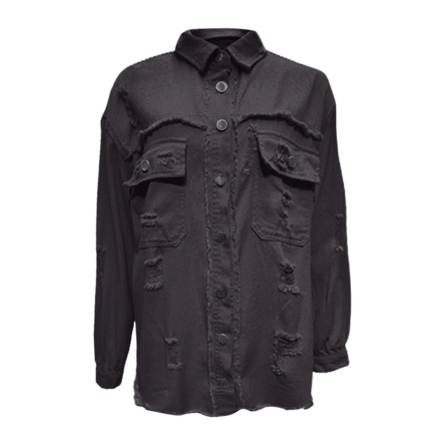 Женская джинсовая куртка с принтом, модель Giacche di jeans da donna alla moda colletto con risvolto button down cappotti in denim invecchiato strappato cowboy abito western manica lunga camicia chambray giacche leggere orlo sfrangiato Jean, Gri... — фото 3