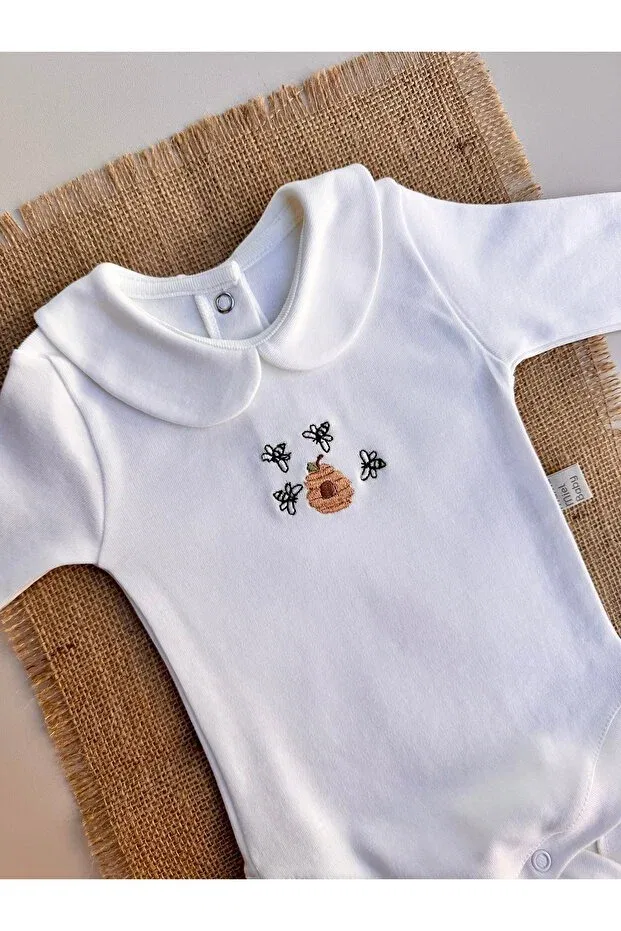 Детское боди для новорожденных с принтом пчелки Honey bee embroidered snap fastener bodysuit Mama Miel Baby, White — фото 2