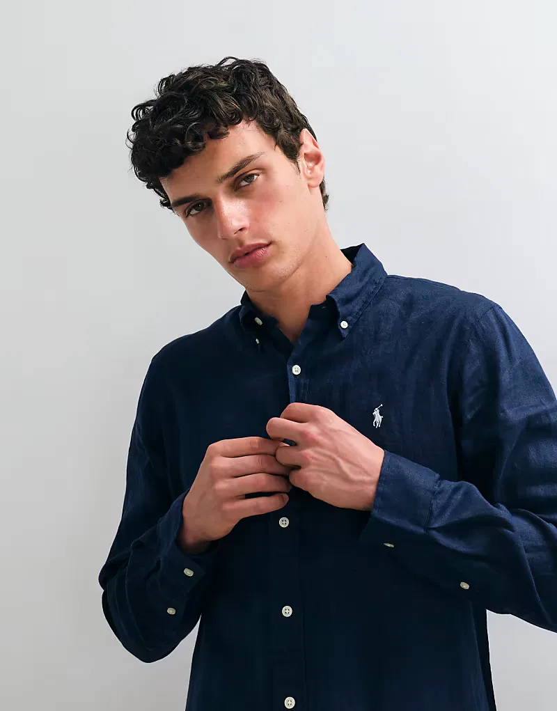 Льняная рубашка Polo Ralph Lauren с длинными рукавами и логотипом Icon, темно-синий — фото 3
