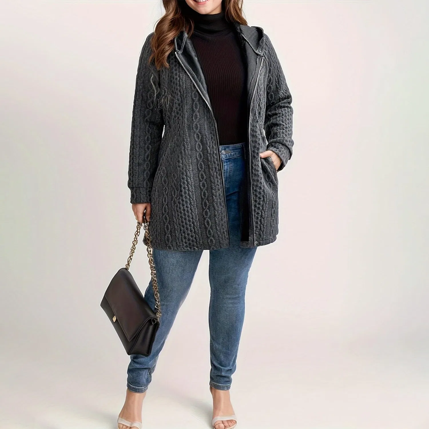 Женское пальто оверсайз с вязаным узором Winter Jackets Women UK, Grigio 2 — фото 3